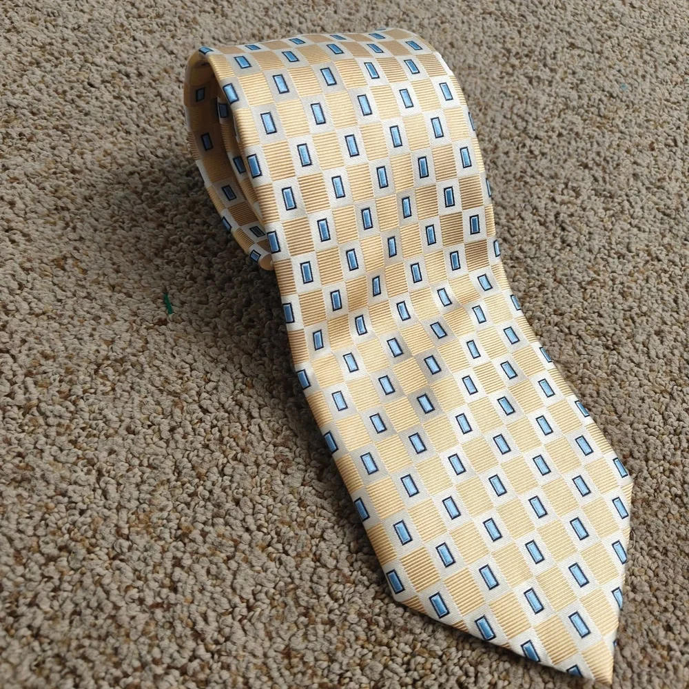 Henry Jacobson Necktie Mens 58 Inch Yellow Gold Woven Plaid Luxury Handmade Silk